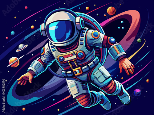 A professional vector of a fully-equipped astronaut suit floating in zero gravity, placed on a black background, high-resolution and futuristic design
