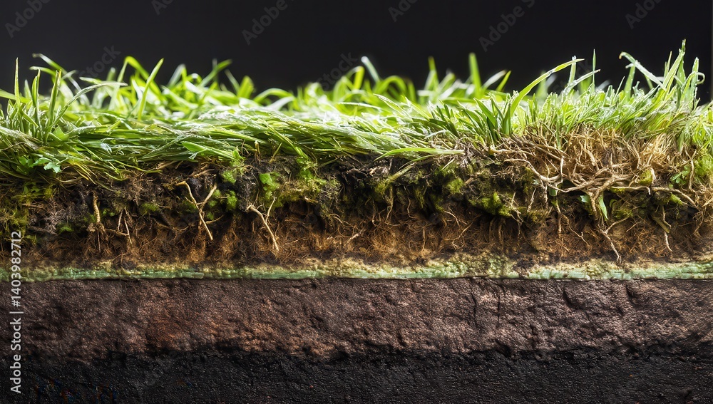 Cross-section of healthy green grass and rich soil against a dark background.