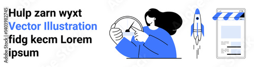 Woman handling compass concept, launching rocket, online store interface design. Ideal for startup, innovation, creativity, exploration, technology, e-commerce simple landing page