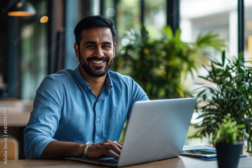 Smiling man working on laptop in cafe Smiling man working on laptop in cafe