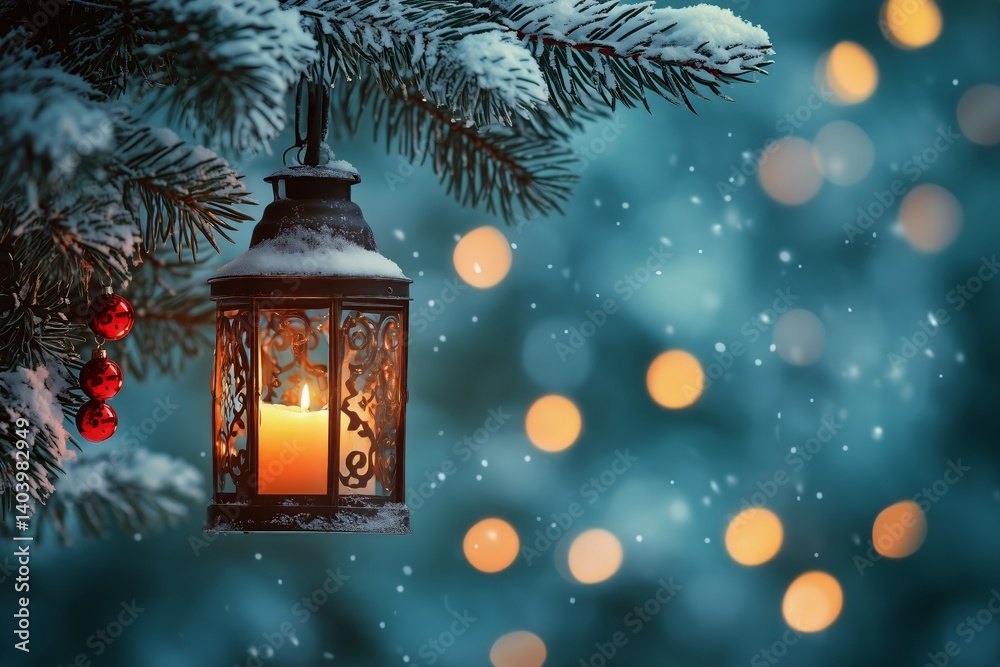 Warm Lantern Glowing on a Snowy Tree Branch With Holiday Lights in a Winter Setting