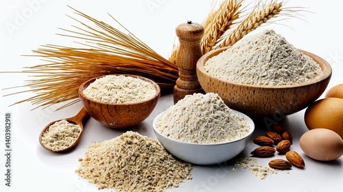 Assorted baking ingredients including flour, eggs, and almonds with wheat stalks in the background