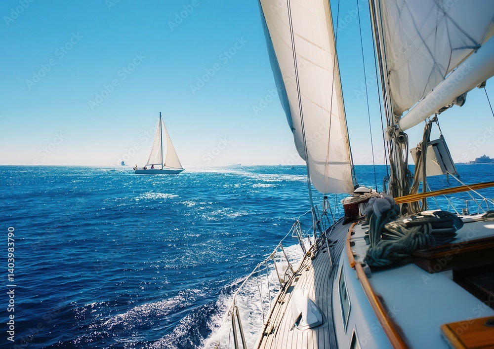 Obraz premium Sailing adventure on a sunny day with a clear blue sea and sky.
