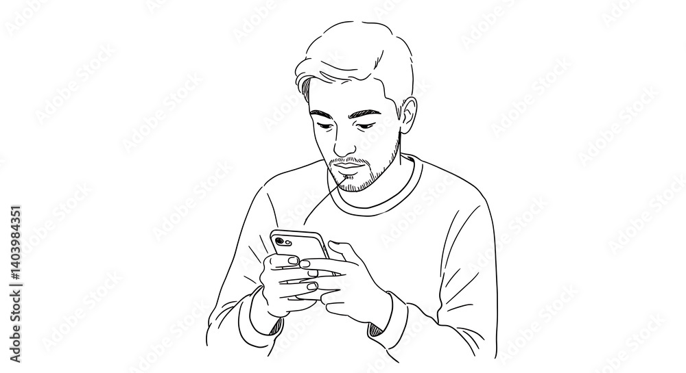 Linear drawing of a young man deeply engrossed in interacting with his mobile device Linear drawing of a young man deeply engrossed in interacting with his mobile device