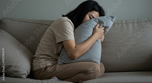 Mental health, depressed sad asian young woman, girl sitting on sofa or couch, cover face with pillow. Difficulty, failure and exhausted. Thoughtful worried suffering depression feeling alone at home.