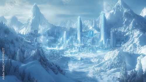 Futuristic ice city nestled in a snowy mountain range.
