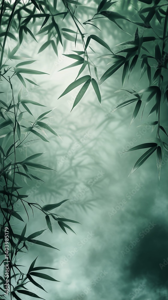Fototapeta premium Serenity in a Misty Bamboo Forest With Delicate Green Leaves