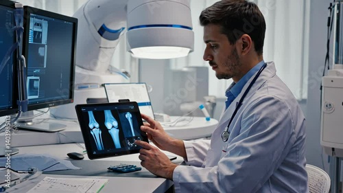 Physician analyzes knee x-rays on a tablet in a modern, sterile examination room with medical imaging equipment for patient care.