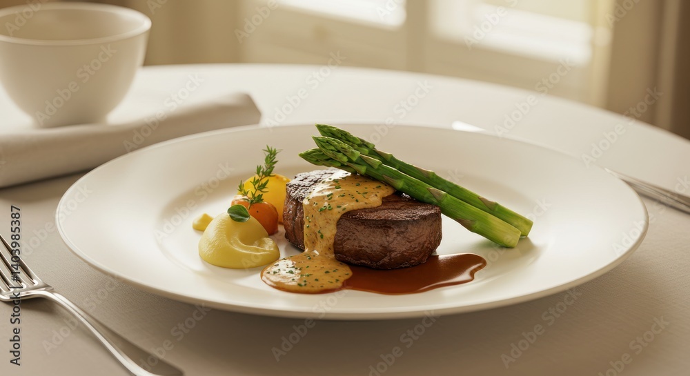 Plate with steak asparagus mashed potatoes and sauce on table in restaurant. Plate with steak asparagus mashed potatoes and sauce on table in restaurant.