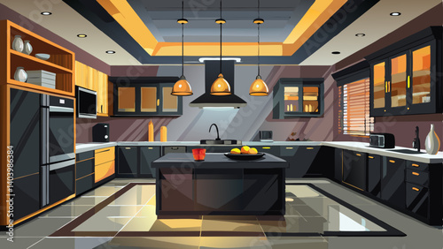 Modern luxury kitchen interior with black cabinets countertop lighting modern.