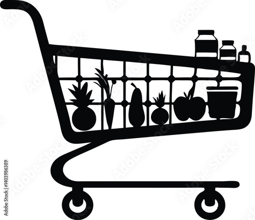 Vector illustration silhouette black shopping cart with groceries