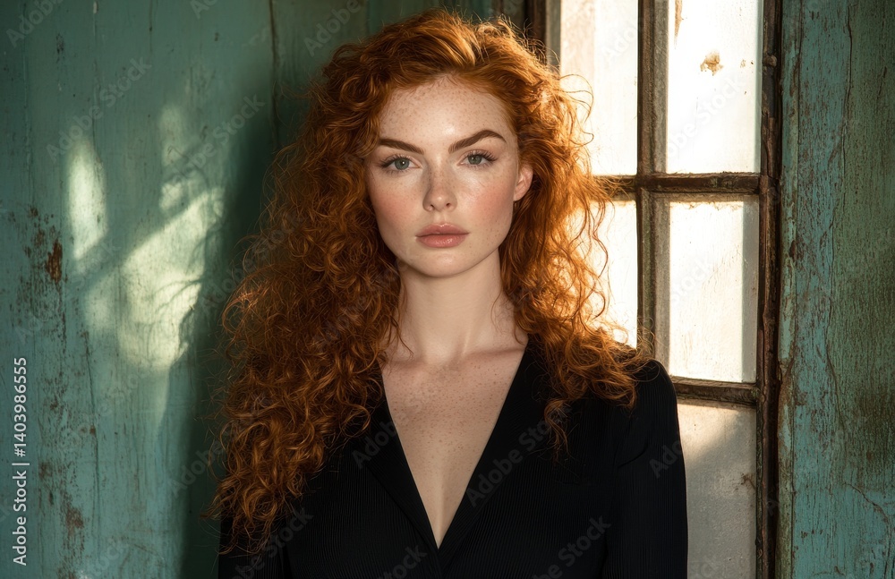 Fototapeta premium Near a wall, a young woman with curly red hair in a dark dress casts a shadow that looks like an impostor, symbolizing psychological themes of insecurity, doubt, and a lack of confidence