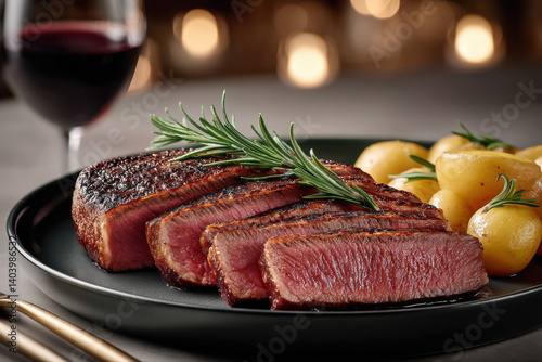 Perfectly Cooked Steak Dinner with Potatoes and Wine 