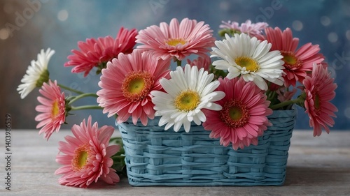 Pink and white gerbera daisies with cheerful mood arranged in woven blue basket against neutral background photo