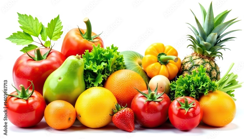 Variety of organic fruits & vegetables isolated on white, agriculture, wholesome, ingredients Variety of organic fruits & vegetables isolated on white, agriculture, wholesome, ingredients