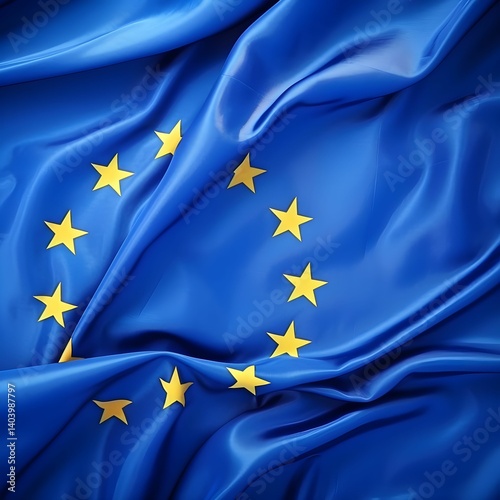 Blue flag with golden stars waving gently, symbolizing unity and cooperation among European nations