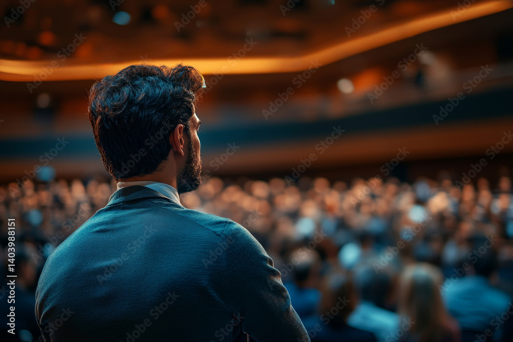 Audience in the conference hall. Business and Entrepreneurship. Panoramic composition suitable for banners. Speaker Giving a Talk at Business Meeting, Generative AI