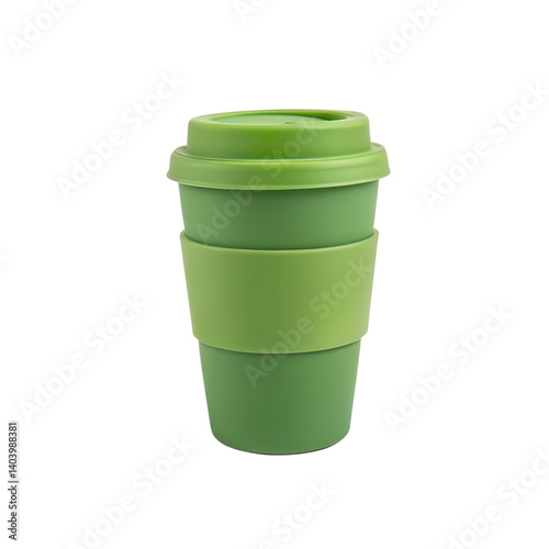 A green reusable coffee cup with a silicone sleeve., isolated on a transparent background photo