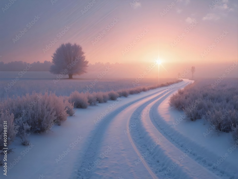Snow Covered Winter Landscape with Snowy Road and Tree during Sunset Snow Covered Winter Landscape with Snowy Road and Tree during Sunset