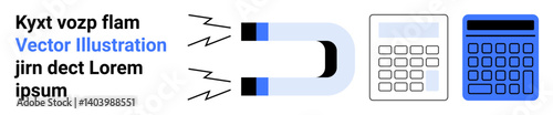 Magnet pulling two calculators symbolizing attraction, data linkage, and financial computation. Ideal for finance, technology, marketing, strategy, education, innovation simple landing page