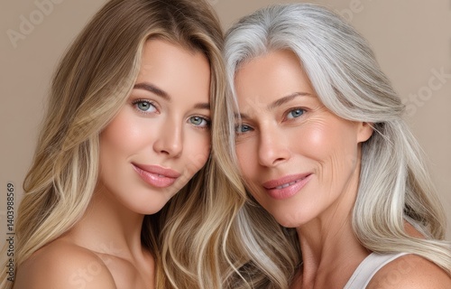 Obraz na płótnie two women, one young and the other middle-aged with gray hair, both posing together for an anti-aging skin care product advertisement w salonie