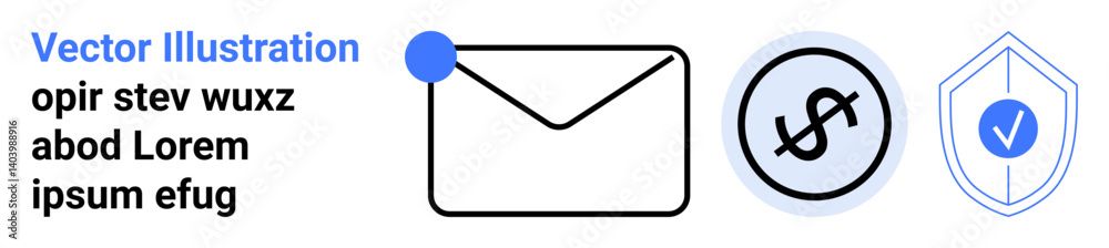 Envelope with notification dot, dollar sign in circular frame, shield with check mark. Ideal for email, finance, security, online transactions, notifications, payments simple landing page Envelope with notification dot, dollar sign in circular frame, shield with check mark. Ideal for email, finance, security, online transactions, notifications, payments simple landing page