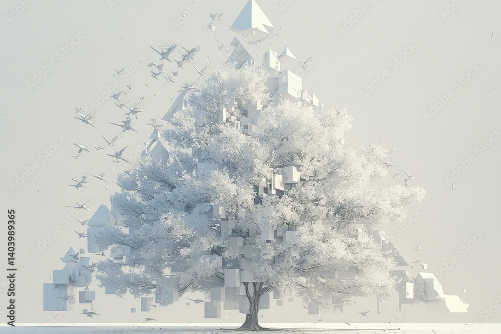 Fototapeta premium Tree morphs into geometric shapes, with birds flowing in a white palette
