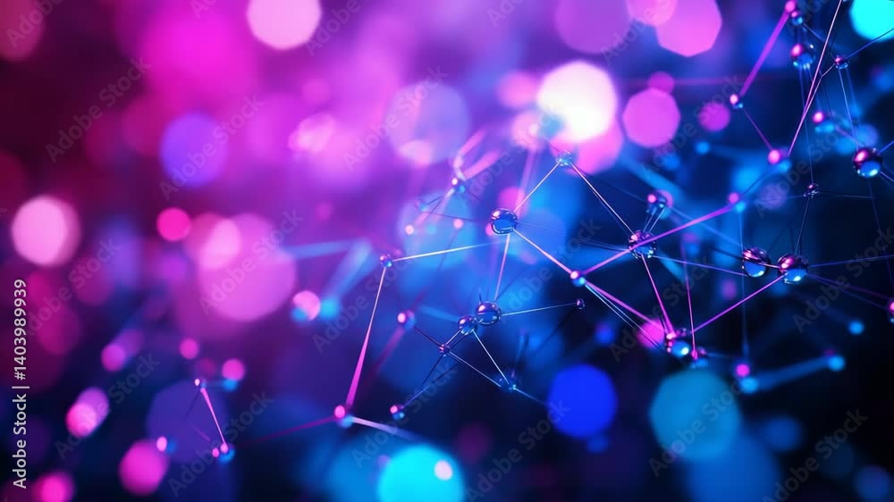 Abstract glowing network of connected nodes and lines on blurred purple and blue bokeh background