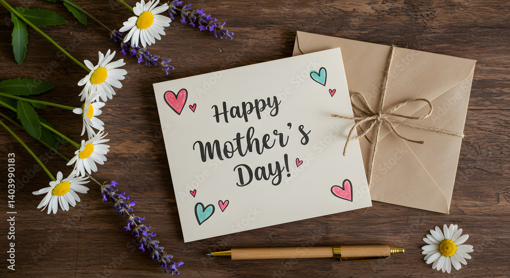 Naklejka premium Rustic Mother’s Day Card with Wildflowers on Wooden Table