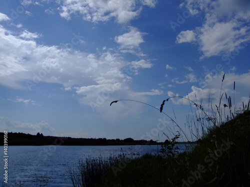 A calm lake under a clear sky: the silence and harmony of nature