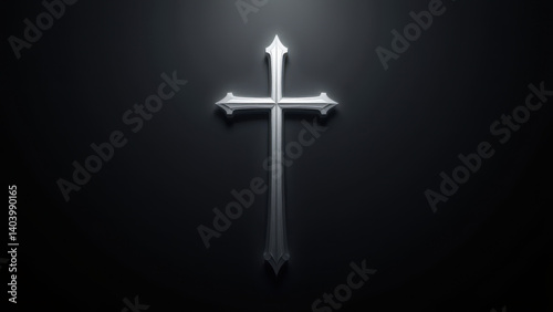 A Christian cross icon on a dark background with light reflections.