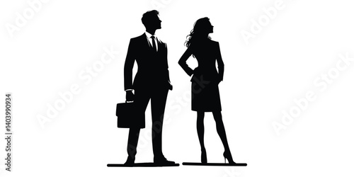 Vector silhouettes of a man and a woman, a couple of business people standing in profile, looking up, black color on a white background