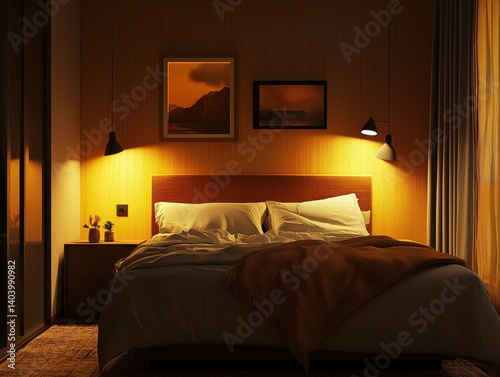 A warmly lit bedroom features a cozy bed with white linens and a brown throw, complemented by bedside lamps and serene artwork.