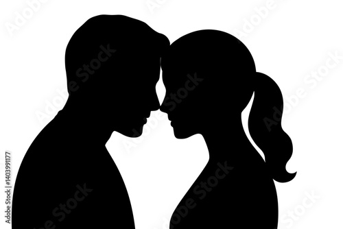 Romantic Silhouette of Couple Face to Face – Flat Vector Illustration