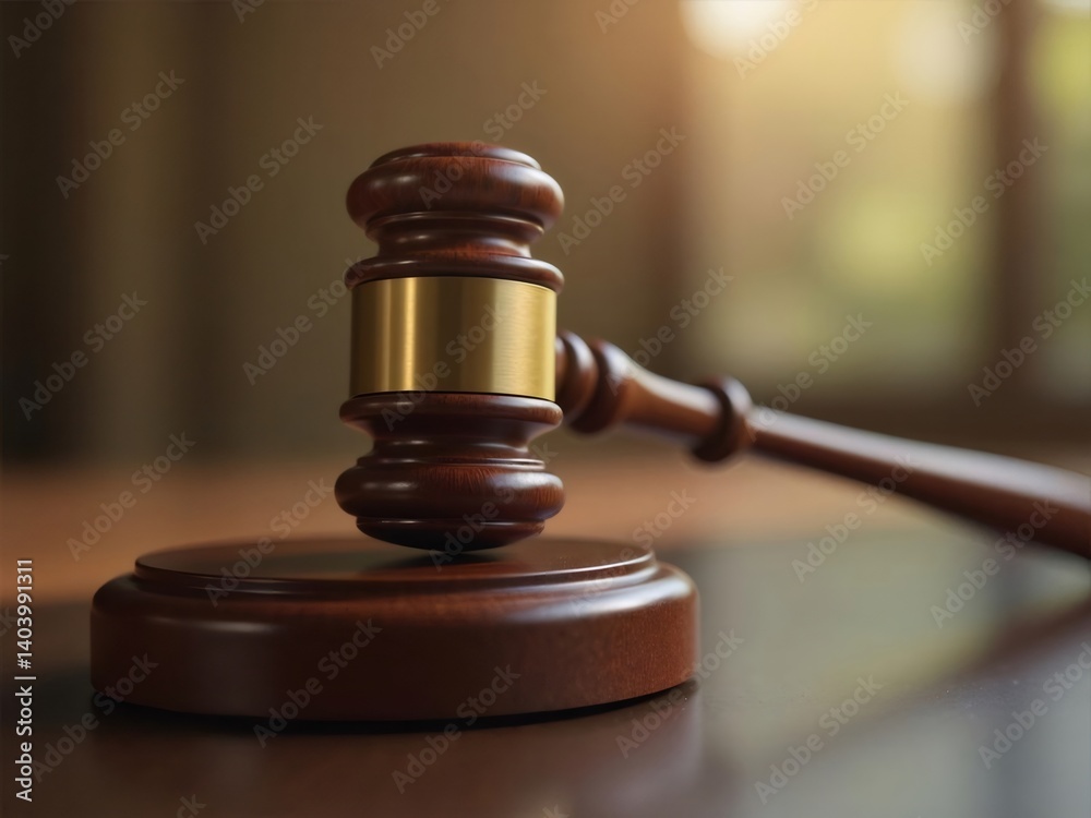 Close Up Of A Wooden Gavel On A Wooden Surface Representing Justice And Legal Proceedings With Gold Band Detail