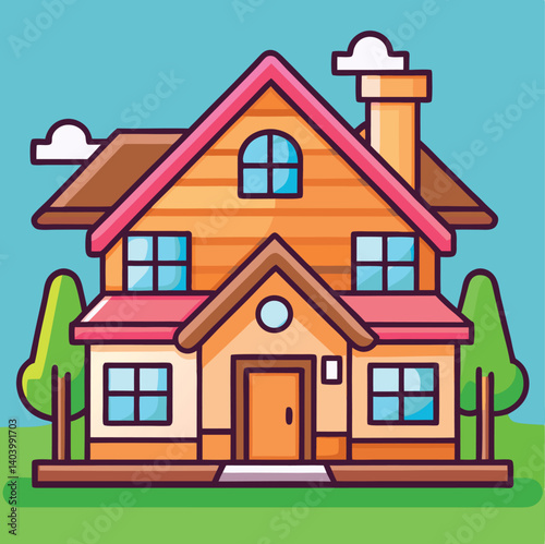 Cartoon House Illustration With Trees And Sky In Flat Design Style