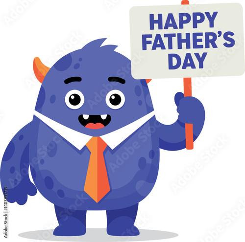 Cute purple monster in a suit holding a Fathers Day sign in a flat vector illustration