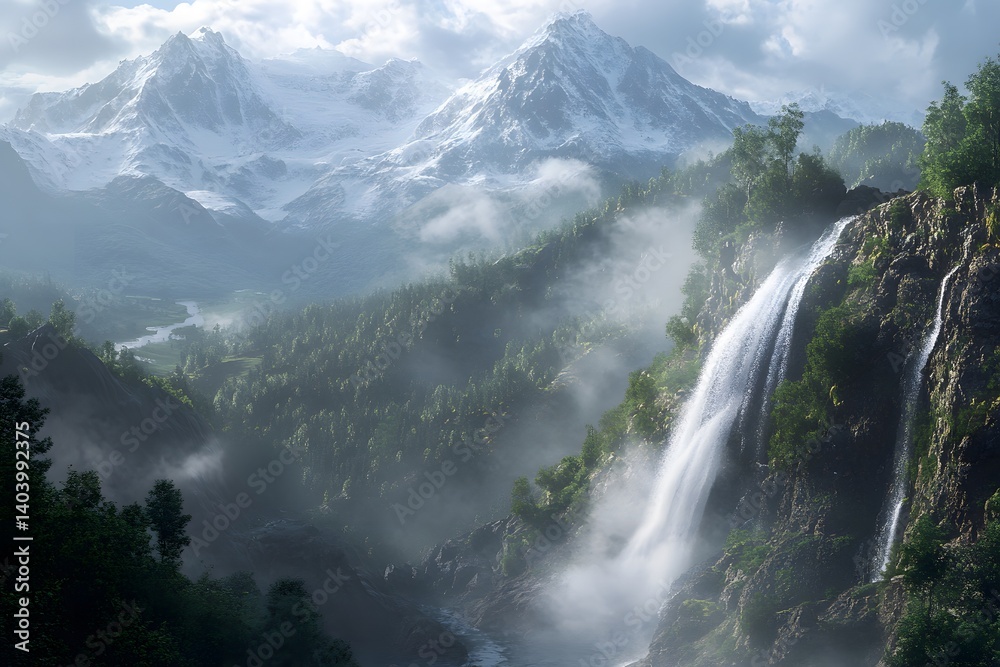 Fototapeta premium A scenic view of a waterfall cascading down a cliff with mountains and trees in the background