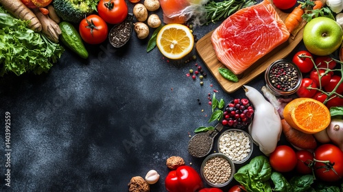 Healthy food background with fresh salmon and colorful vegetables red top diet dark view life green