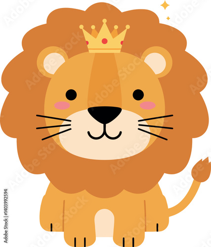 Cute lion character wearing a crown in a flat and colorful design vector illustration