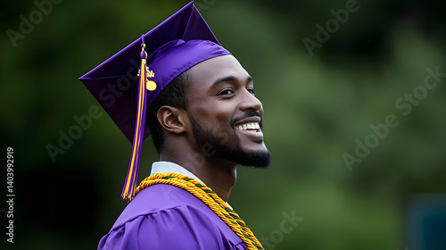 Smiling Young Man In Purple Graduation Gown And Cap With Laurel Necklace Looking Up Outdoors