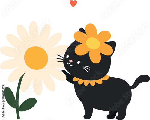 Cute black kitten with flower crown interacting with a large daisy in flat vector illustration