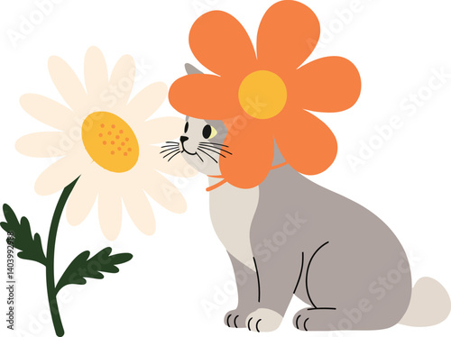 A cute cat with a flower hat beside a large daisy in flat vector art