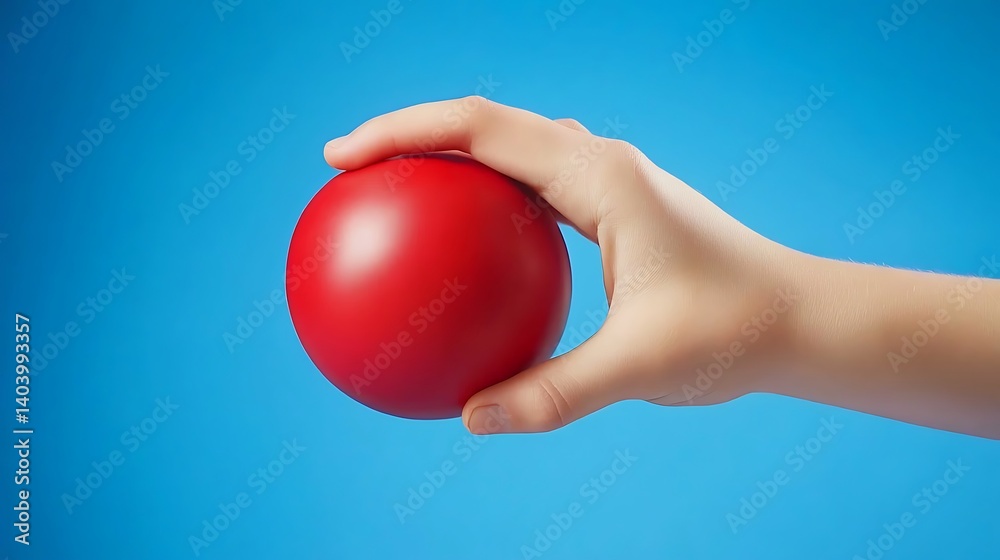 Hand Holding Bright Red Ball on Blue Background for Playful Concept Hand Holding Bright Red Ball on Blue Background for Playful Concept