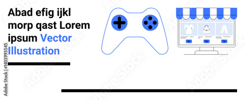 Gaming controller beside a digital storefront with product icons and text, linking gaming, e-commerce, and digital interaction. Ideal for technology, shopping, gaming, UI design, marketing
