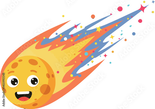 Cheerful cartoon comet with a smiling face and colorful trails in flat vector art