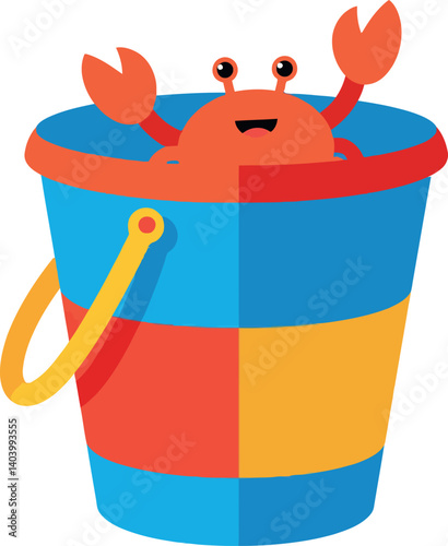 A cheerful crab peeking out of a colorful striped bucket in flat vector art