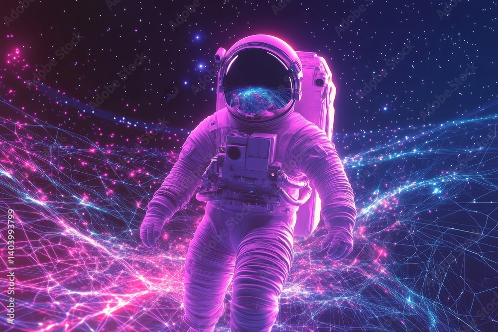 Neon glowing retro Astronaut Spaceman Background Design. Synthwave wireframe net illustration. Abstract digital background. 80s, 90s Retro futurism, Retro wave cyber grid. Deep space surfaces, Generat