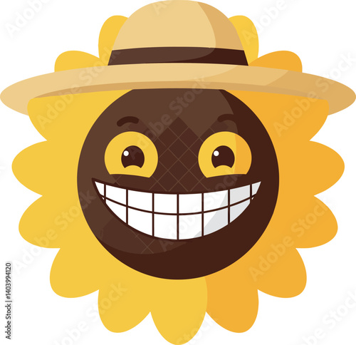 Smiling sunflower character wearing a straw hat in a cheerful flat vector illustration