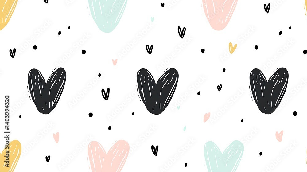 Colorful Hand-Drawn Heart Pattern on White Background for Design